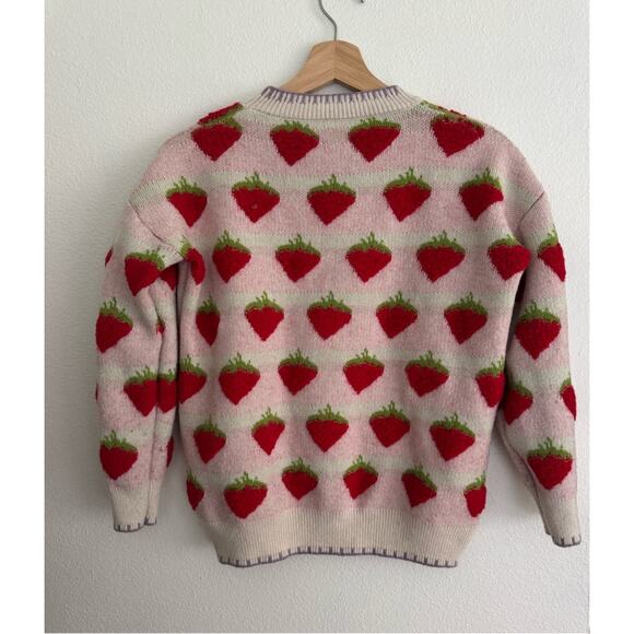 Vintage Handmade Womens Strawberry Knit Sweater Pink White Striped Pullover XS/S - Picture 4 of 9